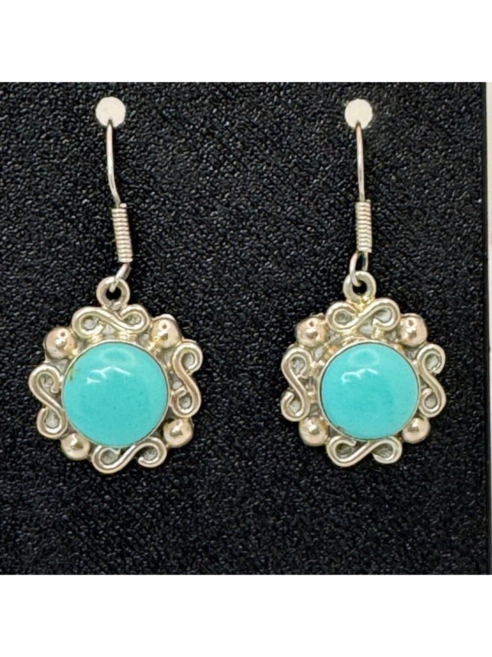 Taxco Flower Turquoise Cabochon Sterling Silver 925 Dangle Earrings Made Mexico
